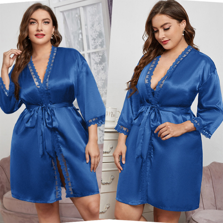 Lace-Trim Silk Robes Kimono Satin Bathrobe Short Sexy V Neck Sleepwear  (1)